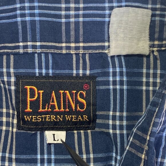 Vtg Plains Western Wear Pearl Snap Cowboy Shirt Sz L Blue Plaid LS Cowboycore - Picture 4 of 9